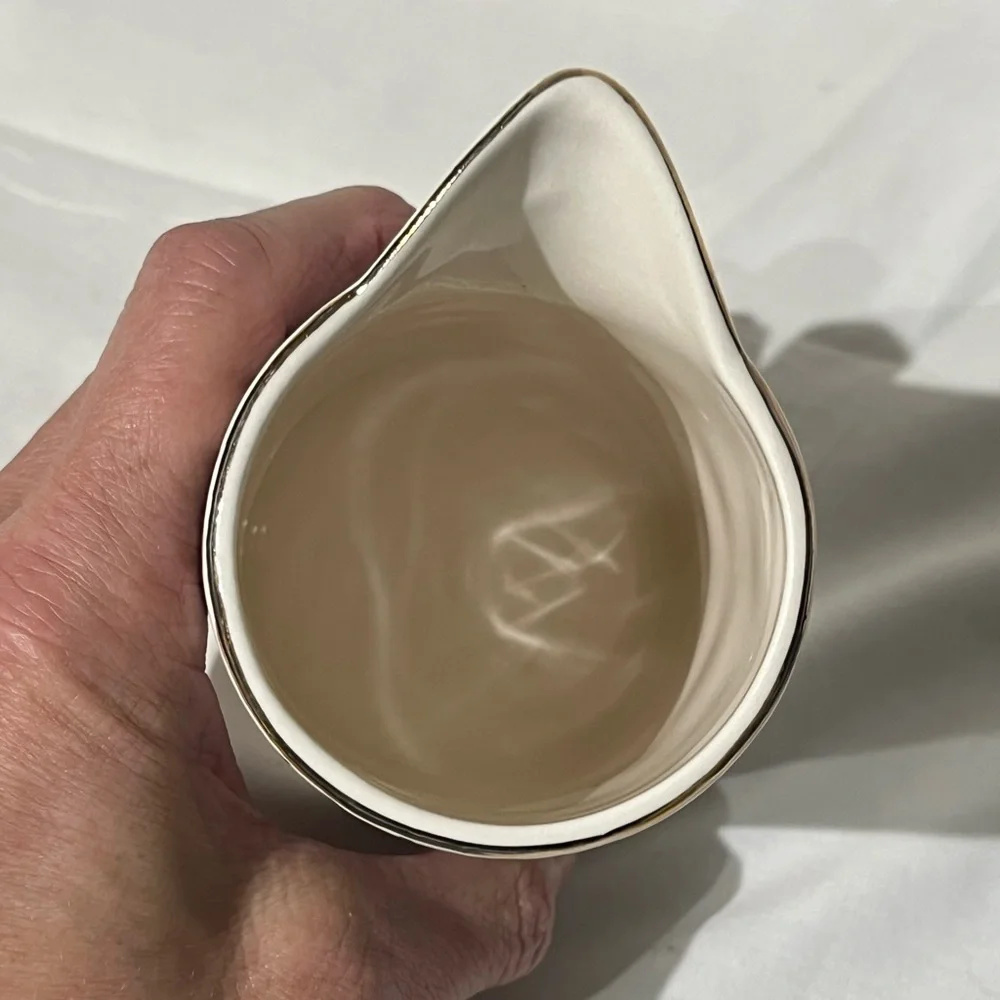 Creative Co-op Modern Stoneware Creamer Ivory w/ Black Design Gold Rim 8 oz.